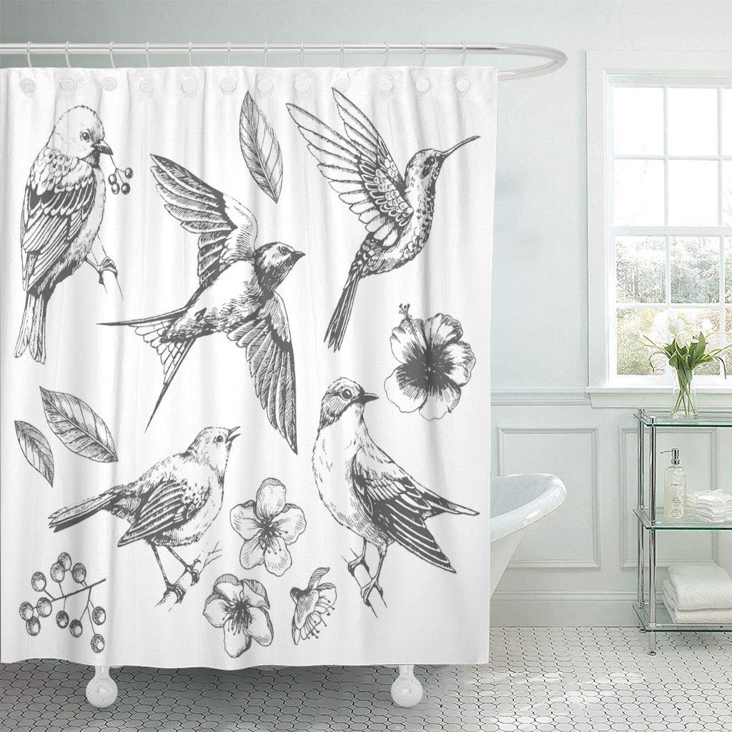 패브릭 샤워 커튼 후크 새와 꽃의 빈티지 라인 드로잉 잉크 스케치 플라잉 레트로 자연 선형 꽃/Fabric Shower CurtainHooks Vintage of Birds and Flowers Line Drawings Ink Sketch Flying Retro